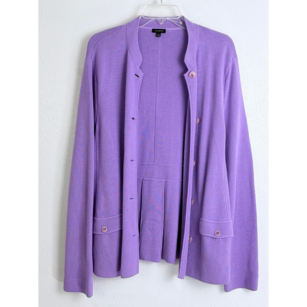 Talbots Cardigan Purple Button Front Mock Neck Flap Pockets Size XL